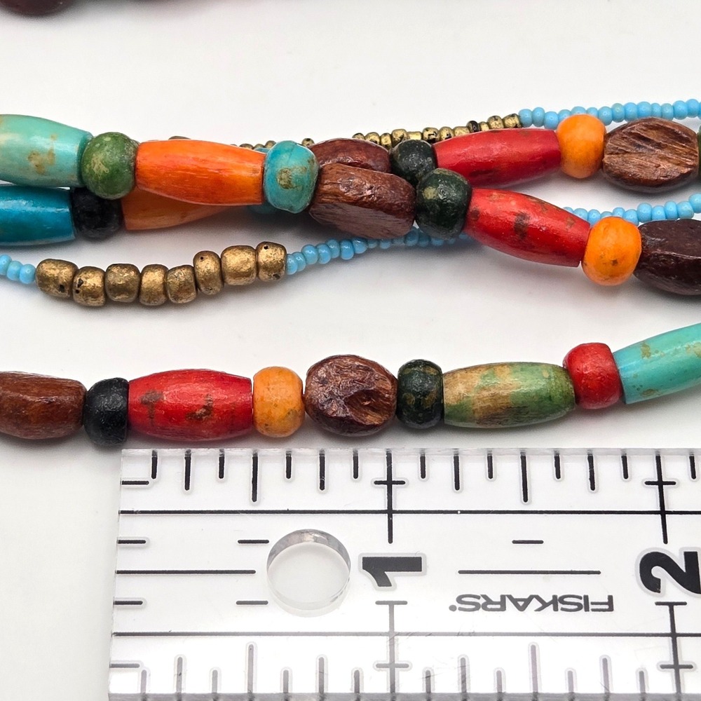 Multi-strand Handmade Wood and Recycled Glass Bead Necklace Seed Beads Boho - Picture 8 of 8